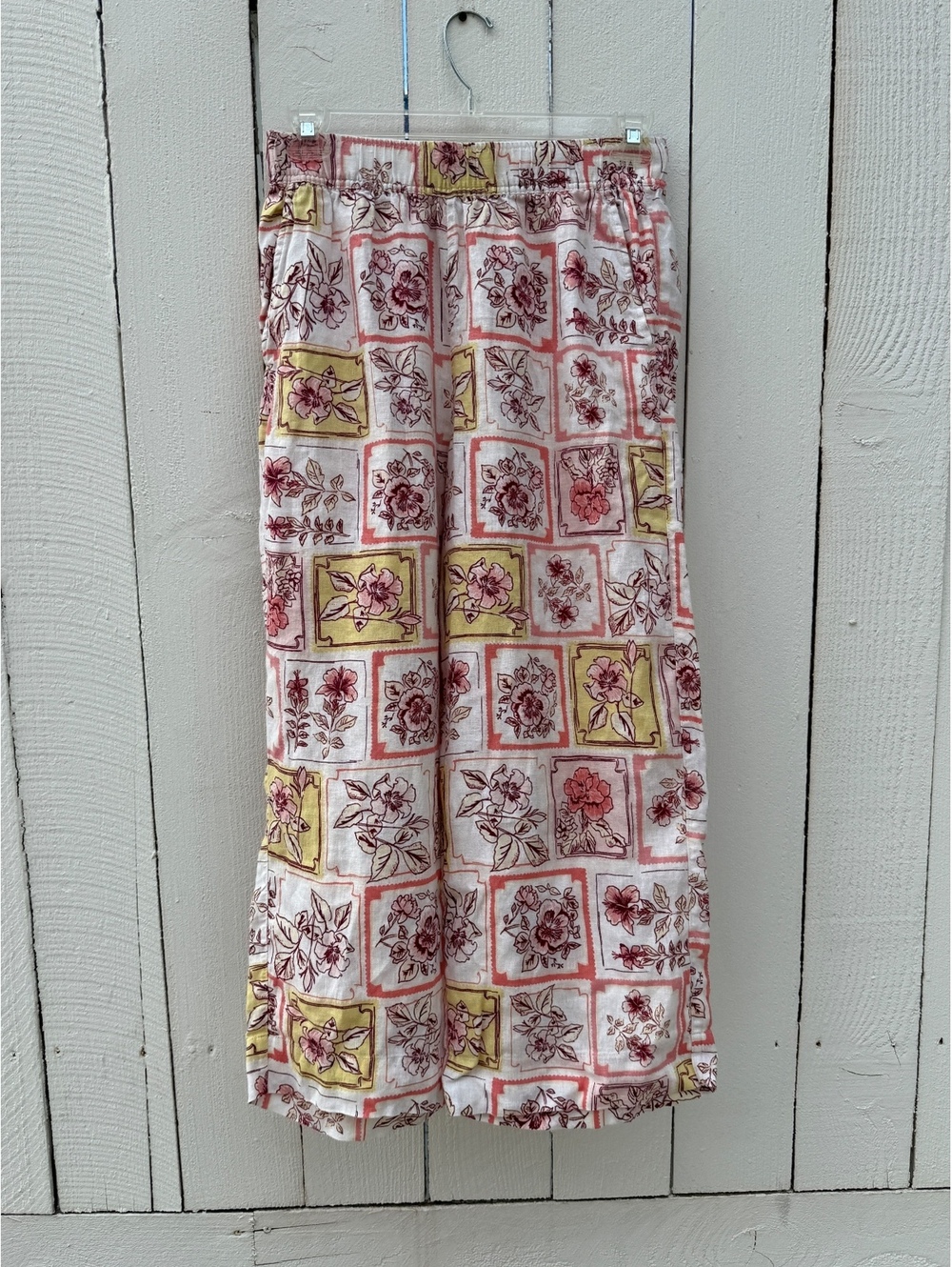Joie 100% Linen Floral Pull-On Pants Size M Grandma Cottagecore Elastic Waist